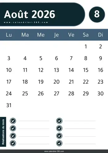 Calendrier Août 2026