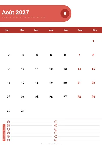 Calendrier Août 2027