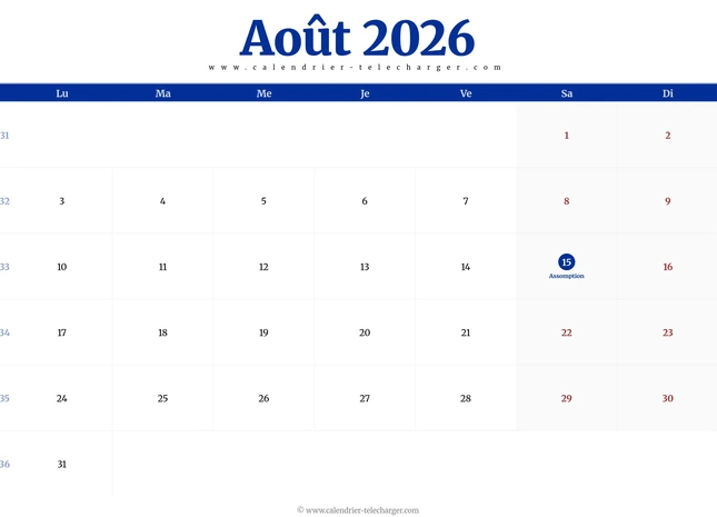 Calendrier d’août 2026 paysage avec jours fériés