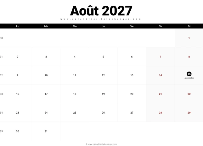 Calendrier d’août 2027 paysage avec jours fériés