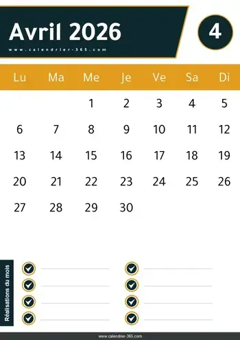 Calendrier Avril 2026