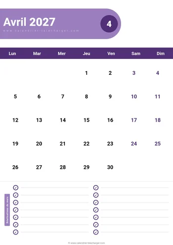 Calendrier Avril 2027