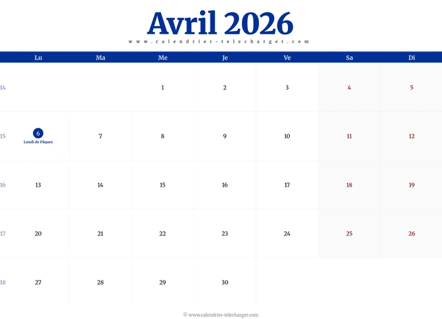 Calendrier d’avril 2026 horizontal avec jours fériés