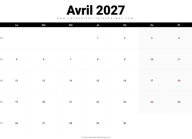 Calendrier d’avril 2027 horizontal avec jours fériés