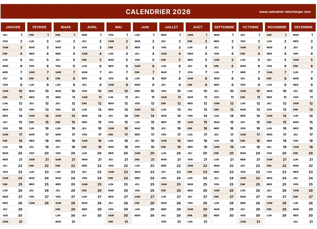 Calendrier 2026 en colonnes marron