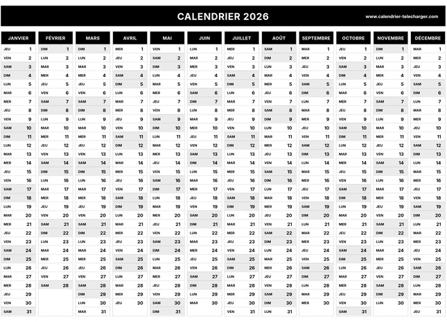Calendrier 2026 en colonnes noir et blanc
