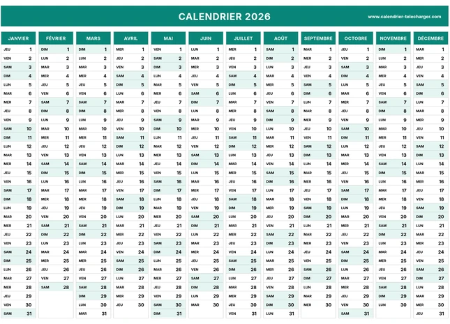 Calendrier 2026 en colonnes vert turquoise