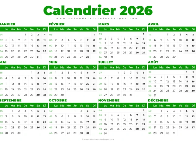Calendrier 2026 paysage vert avec numéros de semaine