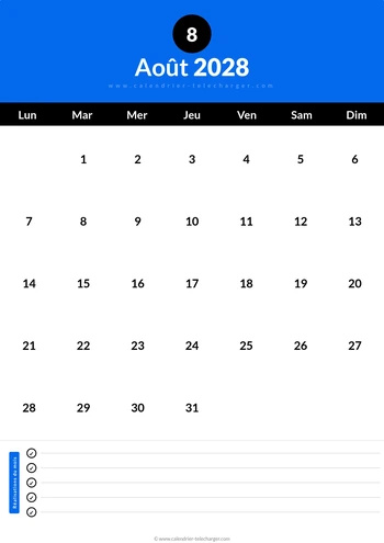 Calendrier Août 2028