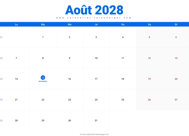 Calendrier août 2028 horizontal à imprimer
