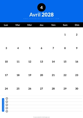 Calendrier Avril 2028