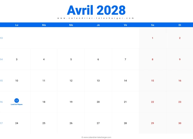 Calendrier avril 2028 paysage à imprimer