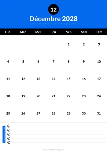Calendrier Décembre 2028