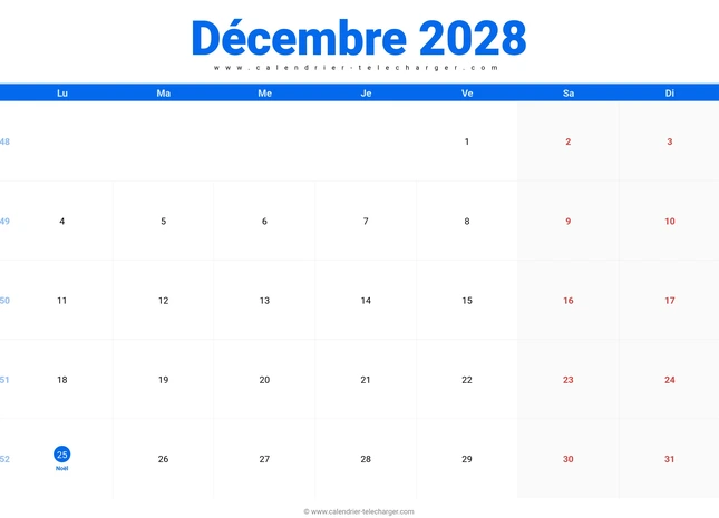 Calendrier décembre 2028 avec jours fériés et semaines