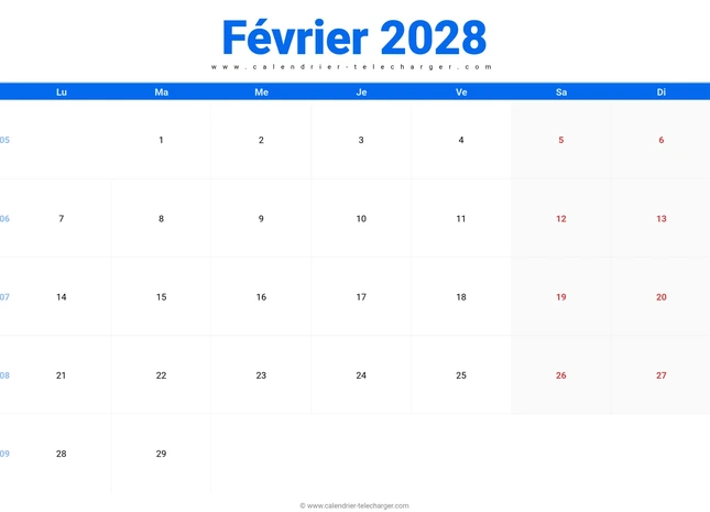 Calendrier février 2028 avec numéros de semaine