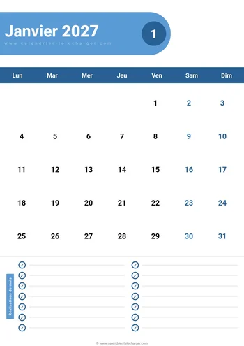 Calendrier Janvier 2027