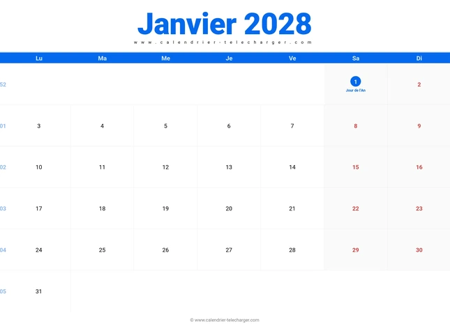 Calendrier janvier 2028 au format paysage
