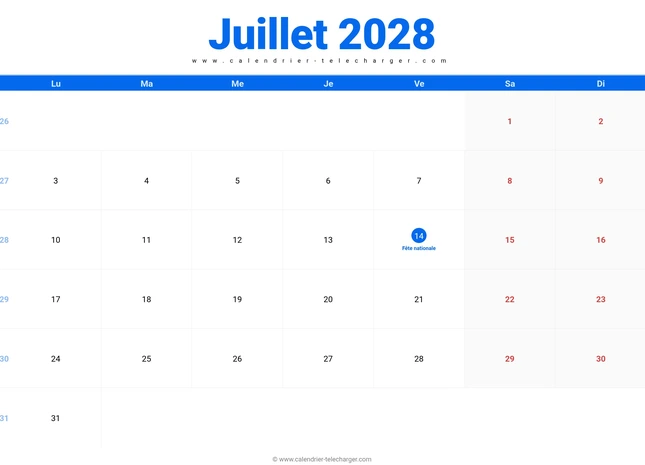 Calendrier juillet 2028 avec semaines numérotées