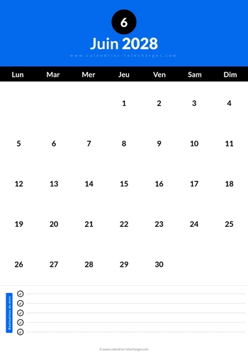 Calendrier Juin 2028