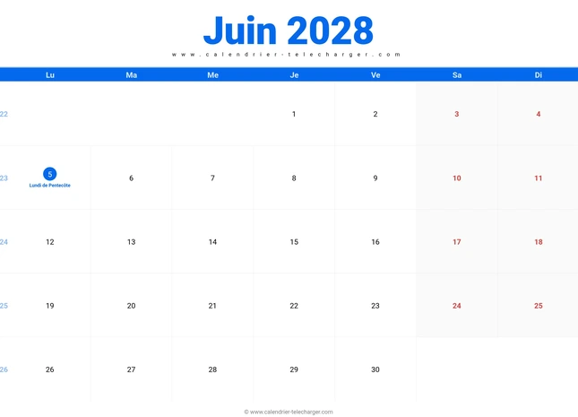 Calendrier juin 2028 au format horizontal