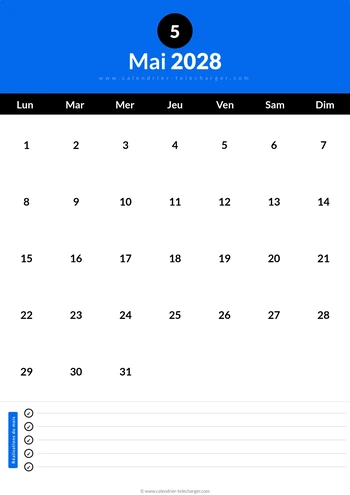 Calendrier Mai 2028