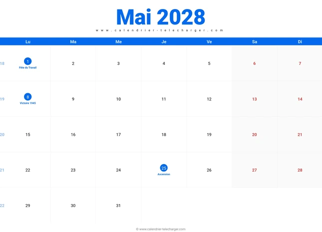 Calendrier mai 2028 horizontal avec jours fériés