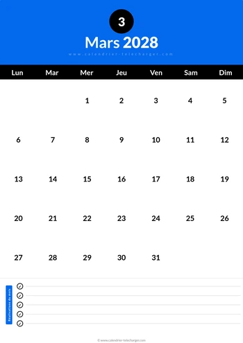 Calendrier Mars 2028