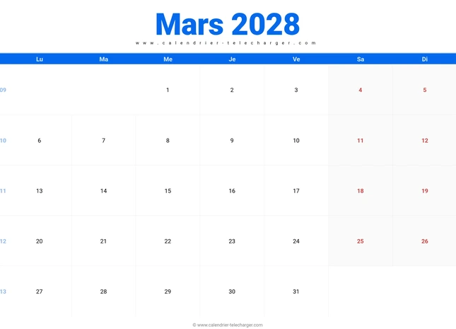Calendrier mars 2028 horizontal avec jours fériés
