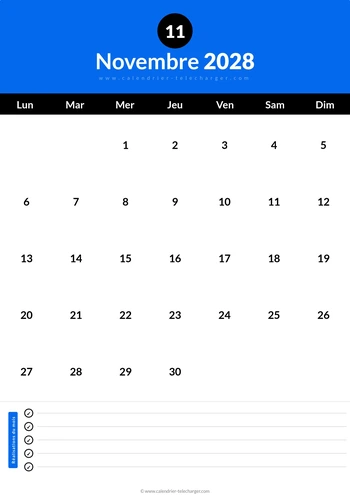 Calendrier Novembre 2028