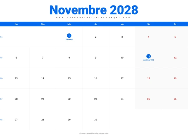 Calendrier novembre 2028 horizontal avec semaines