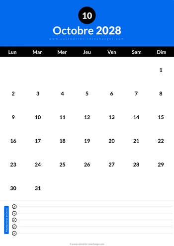 Calendrier Octobre 2028