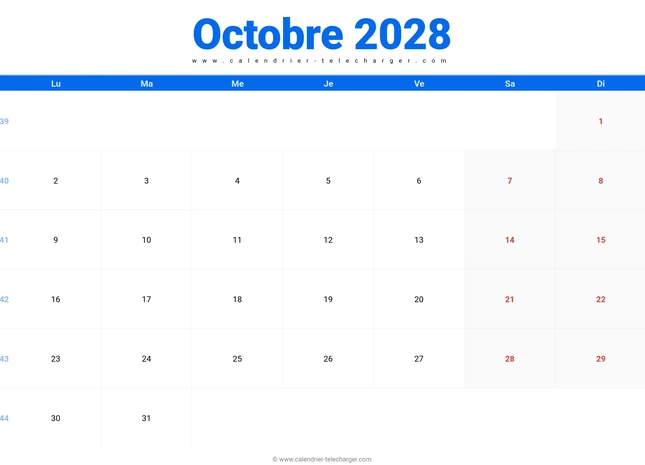 Calendrier octobre 2028 au format paysage