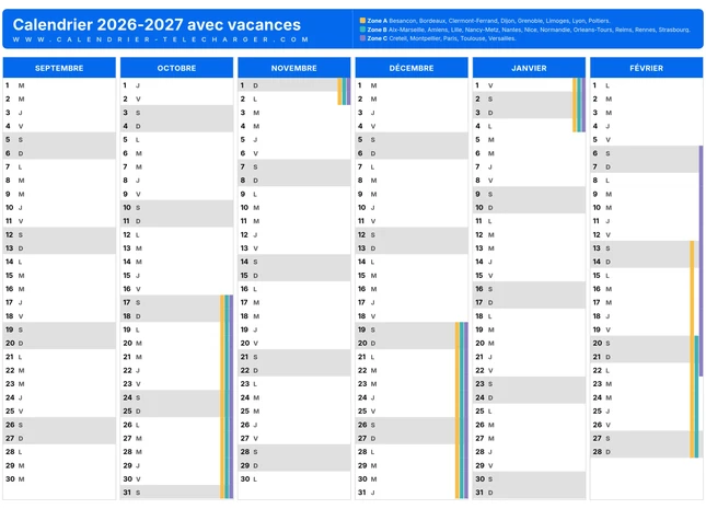 Calendrier scolaire premier semestre 2026-2027 à imprimer