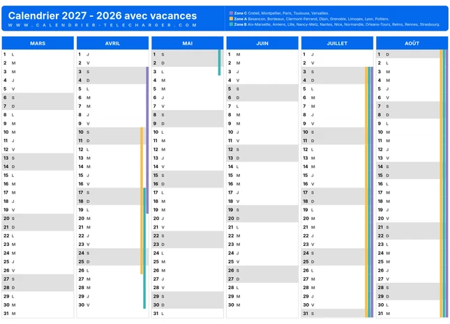Calendrier scolaire deuxième semestre 2026-2027 avec vacances