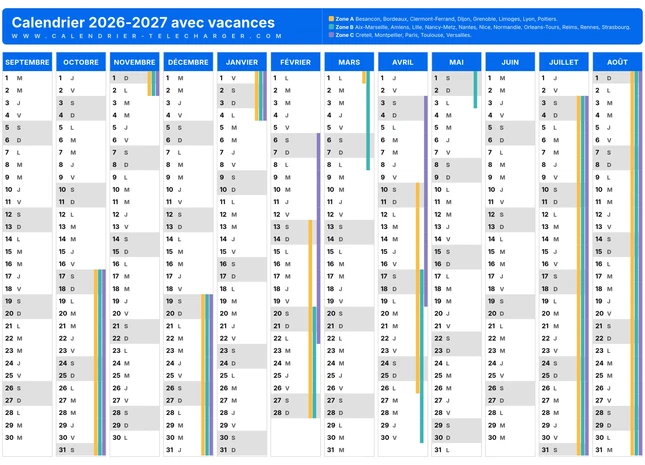 Calendrier scolaire 2026-2027 avec vacances des zones A B et C