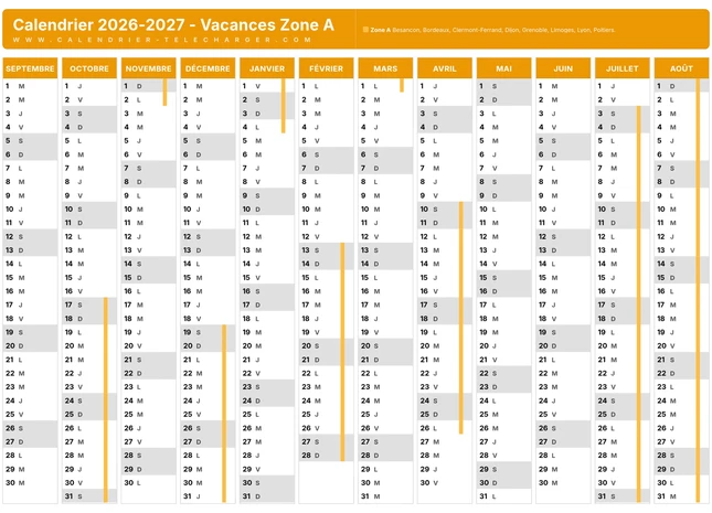 Calendrier scolaire 2026-2027 Zone A à télécharger