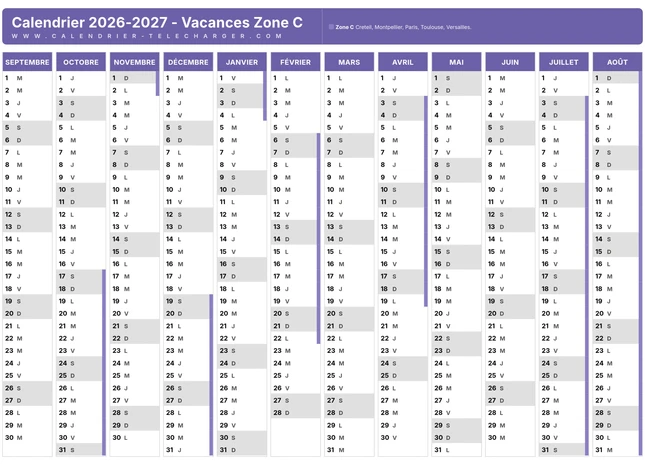 Calendrier scolaire 2026-2027 Zone C à imprimer