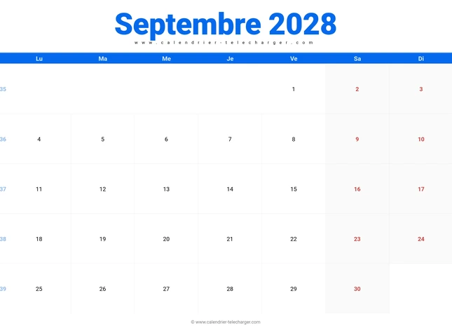Calendrier septembre 2028 paysage avec jours fériés