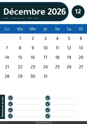Calendrier Décembre 2026