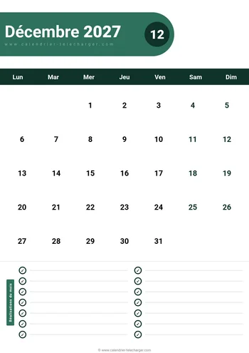 Calendrier Décembre 2027