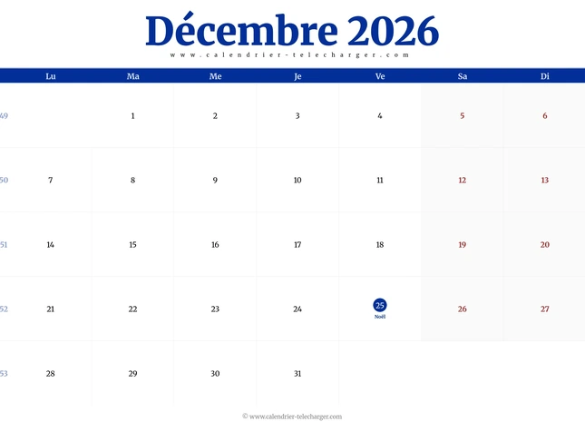 Calendrier décembre 2026 paysage avec fêtes et semaines