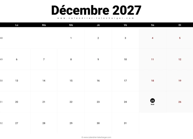 Calendrier décembre 2027 paysage avec fêtes et semaines