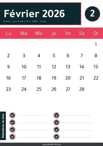 Calendrier Février 2026