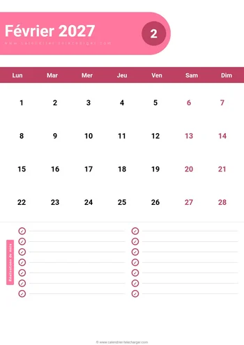 Calendrier Février 2027