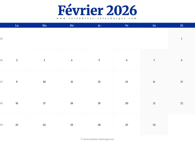 Calendrier de février 2026 au format paysage