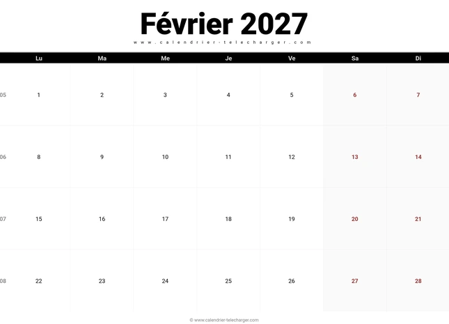 Calendrier de février 2027 au format paysage