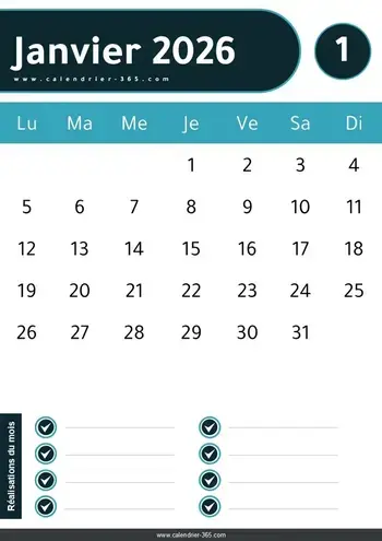 Calendrier Janvier 2026