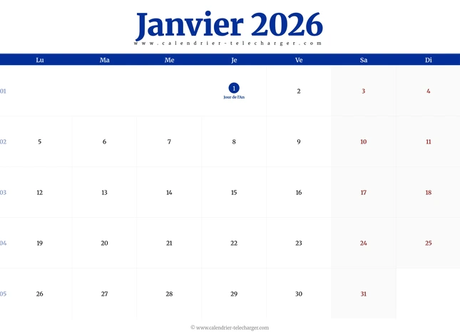 Calendrier janvier 2026 horizontal avec jours fériés et semaines