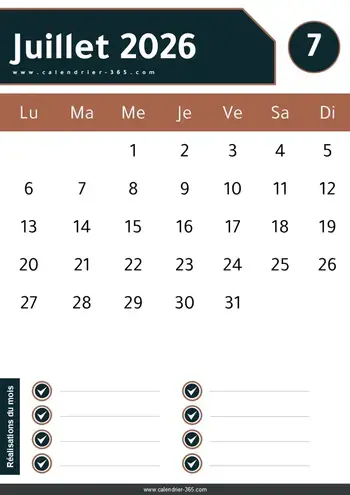 Calendrier Juillet 2026