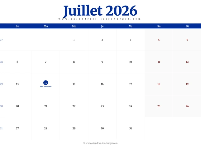 Calendrier juillet 2026 au format horizontal